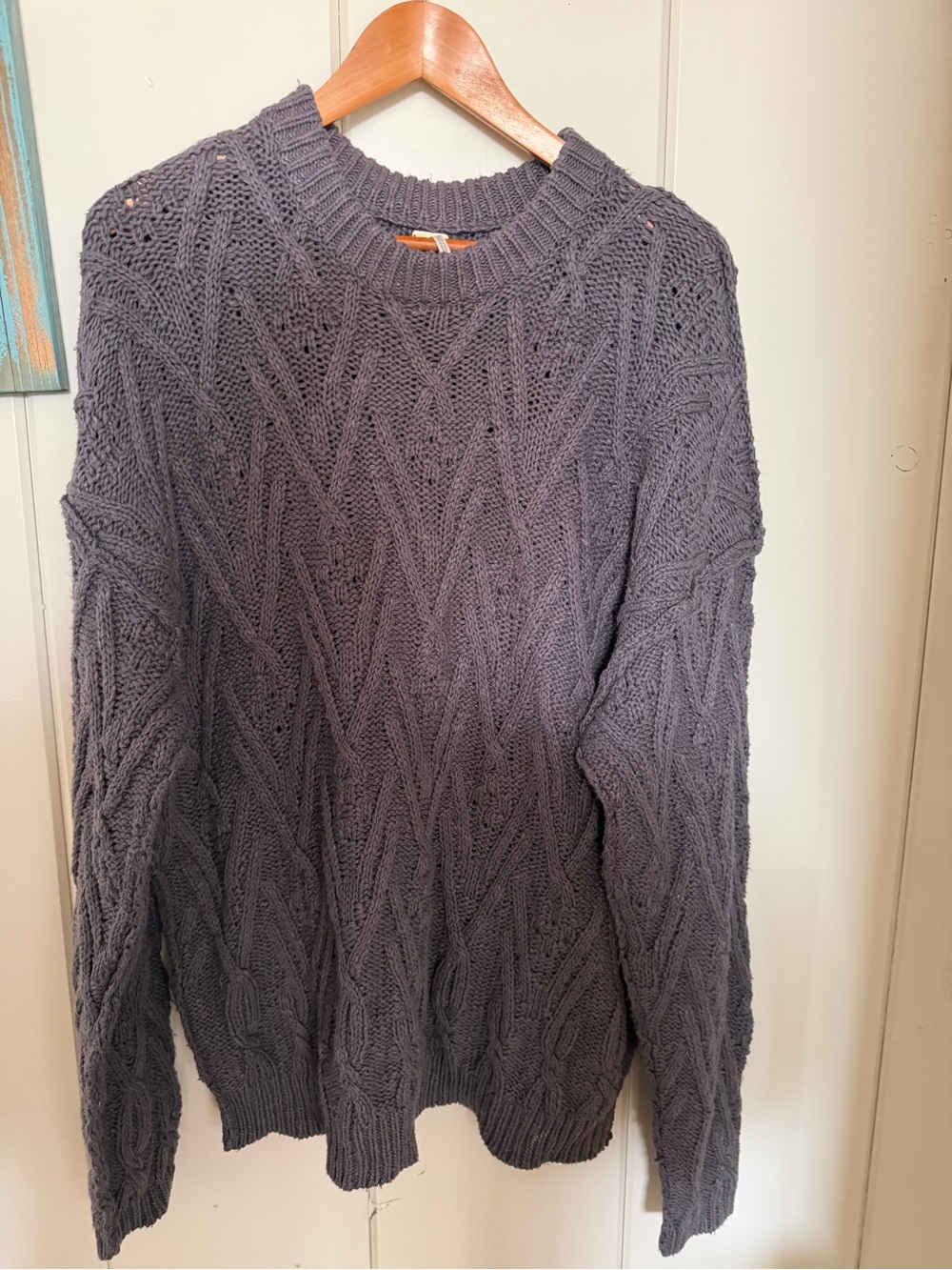 Free People Womens S Oversized Cable Knit Sweater Gray Openwork Cotton Tunic